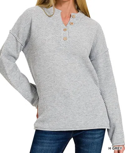 Zenana Henley Basic Sweater In Heather Grey In Gray