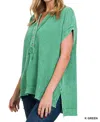 Zenana Henley Gauze Short Sleeve Top In Kelly Green In Green
