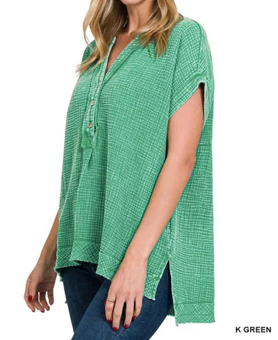 Zenana Henley Gauze Short Sleeve Top In Kelly Green