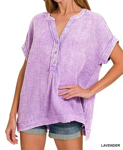 Zenana Henley Gauze Short Sleeve Top In Lavender In Purple
