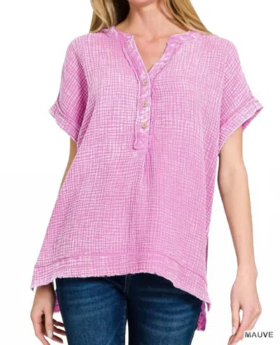 Zenana Henley Gauze Short Sleeve Top In Mauve In Pink