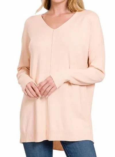 Zenana Hi-low V-neck Seam Sweater In Blush In Neutral