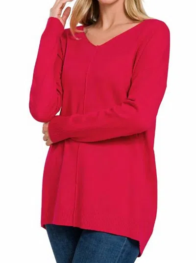 Zenana Hi-low V-neck Seam Sweater In Burgundy In Multi