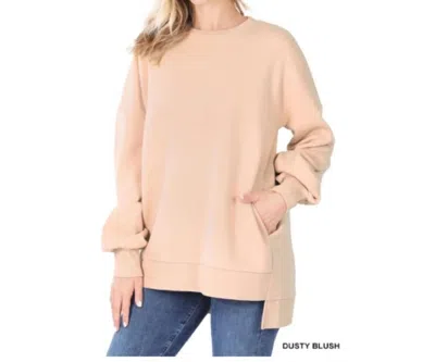 Zenana Hi-low Hem Sweatshirt With Pockets In Dusty Rose In Neutral
