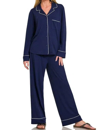 Zenana Holiday Pajama Set In Navy In Blue