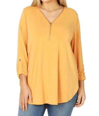 Zenana Ity Front Zip-up 3/4 Sleeve Top - Plus In Ash Mustard In Multi