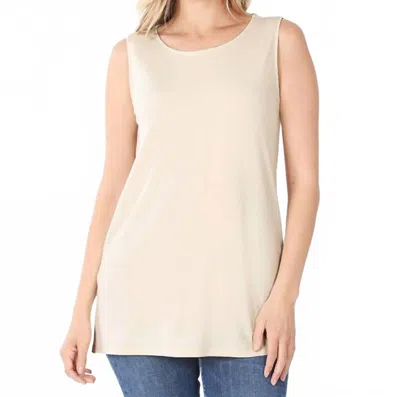 Zenana Ity Sleeveless Side Slit Top In Taupe In White