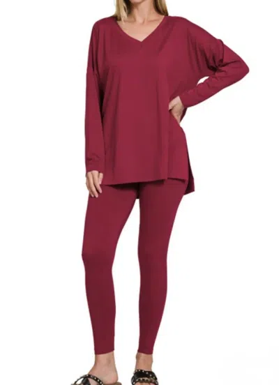 Zenana Just Relax Loungewear Set In Burgundy In Red