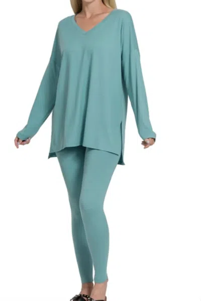 Zenana Just Relax Loungewear Set In Dusty Teal In Blue
