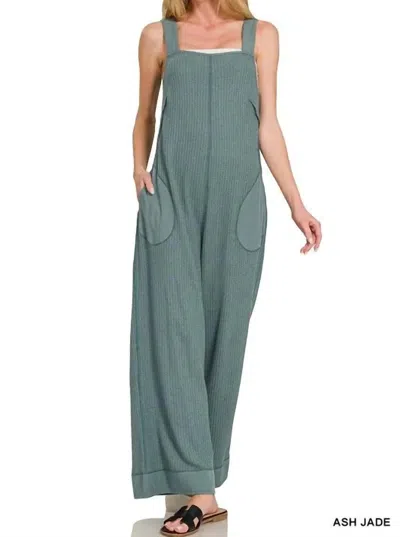 Zenana Knit Waffle Wide Leg Overalls In Ash Jade