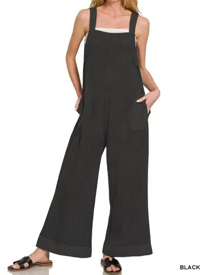 Zenana Knit Waffle Wide Leg Overalls In Black