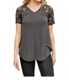 Zenana Lace Detail Short Sleeve Tee In Gray In Grey