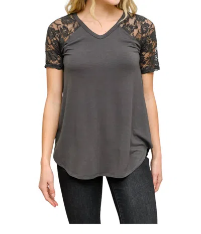 Zenana Lace Detail Short Sleeve Tee In Gray In Grey