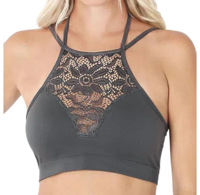Zenana Lace Removable Padding Bralette In Gray In Grey