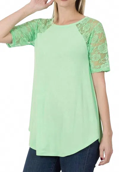 Zenana Lace Sleeve Top In Mint In Green