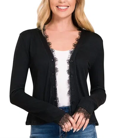 Zenana Lace Trim Ribbed Cardigan In Black