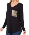 Zenana Leopard Pocket V-neck Long Sleeve Top In Black