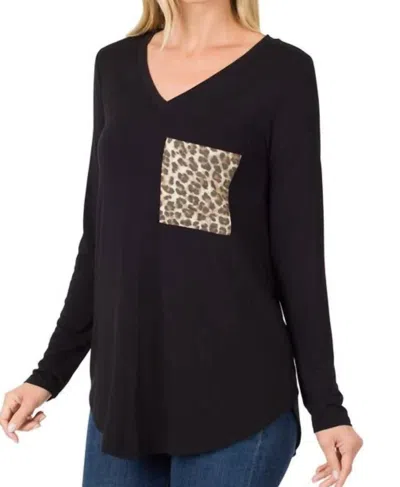 Zenana Leopard Pocket V-neck Long Sleeve Top In Black
