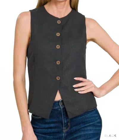 Zenana Linen Button Down Vest In Black