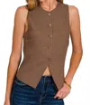 Zenana Linen Button Down Vest In Brown