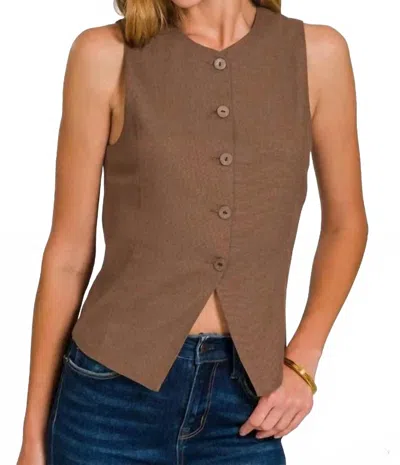 Zenana Linen Button Down Vest In Brown