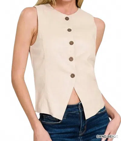 Zenana Linen Button Down Vest In Sand Beige