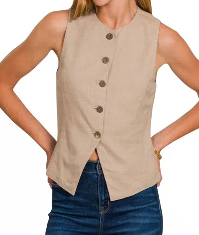 Zenana Linen Button Vest In Light Mocha In Brown
