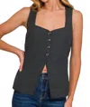 Zenana Linen Tie-back 4-button Vest With Lining In Black