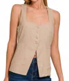 Zenana Linen Tie-back 4-button Vest With Lining In Light Mocha