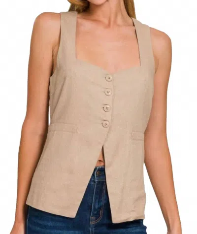 Zenana Linen Tie-back 4-button Vest With Lining In Light Mocha