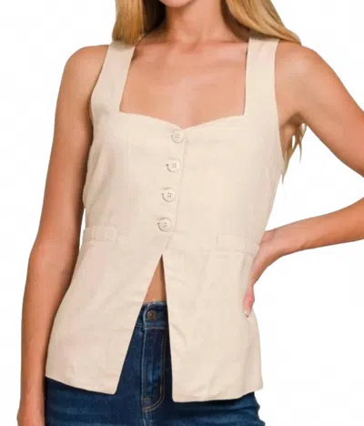 Zenana Linen Tie-back 4-button Vest With Lining In Sand Beige