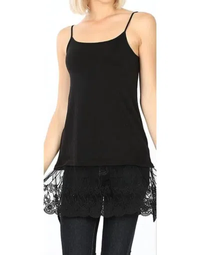 Zenana Long Line Cami Lace Bottom Detail In Black In Animal Print