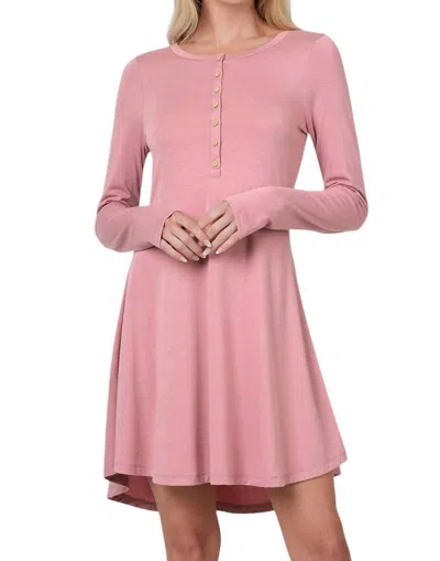 Zenana Long Sleeve Button Down Dress In Light Rose In Pink