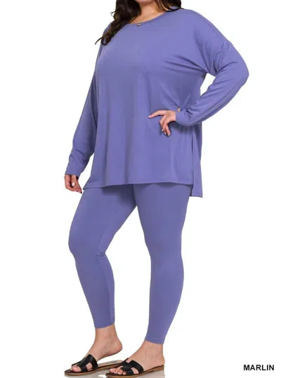Zenana Long Sleeve Microfiber Pant Set In Marlin In Blue