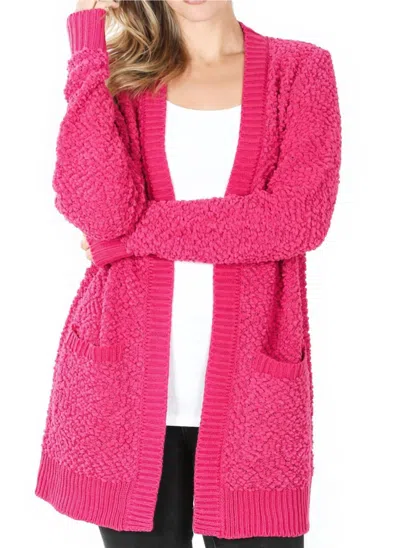 Zenana Long Sleeve Popcorn Sweater Cardigan In Hot Pink