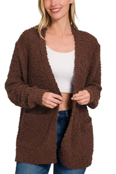 Zenana Long Sleeve Popcorn Sweater Cardigan With Pockets In Brown