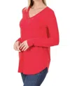 Zenana Long Sleeve Round Neck Hem Top In Ruby In Red