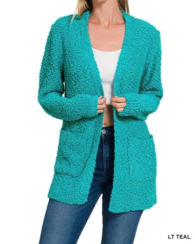 Zenana Long Sleeve Sweater Cardigan With Pockets In Light Teal In Blue
