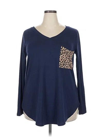 Pre-owned Zenana Long Sleeve Top Blue V Neck Tops