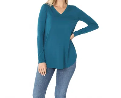 Zenana Long Sleeve V-neck Top In Teal In Blue