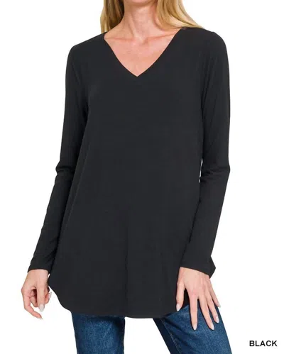 Zenana Long Sleeve V-neck Round Hem Top In Black