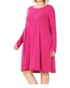 Zenana Long Sleeve With Pockets Dress In Magenta In Pink