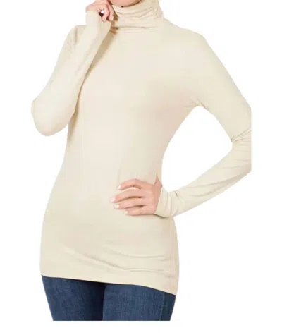 Zenana Luxe Rayon Turtleneck Top In Sand Beige In White