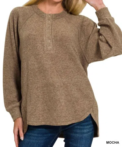 Zenana Madison Henley Sweater In Mocha In Brown