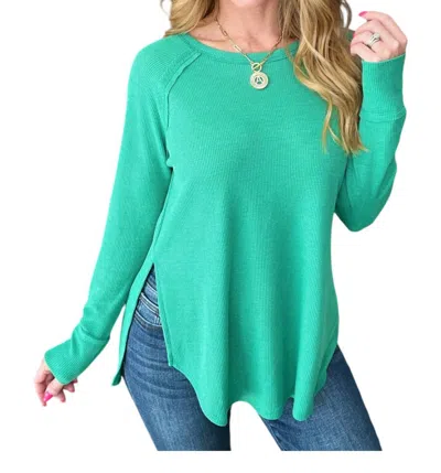 Zenana Melange Baby Waffle Long Sleeve Top In Kelly Green