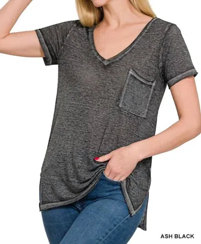 Zenana Melange Burnout V-neck T-shirt In Ash Black In Gray