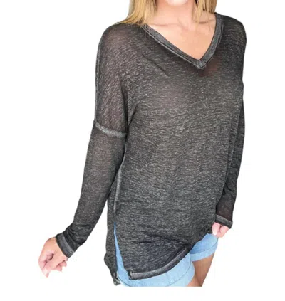 Zenana Melange Burnout V-neck Top In Ash Black In Multi