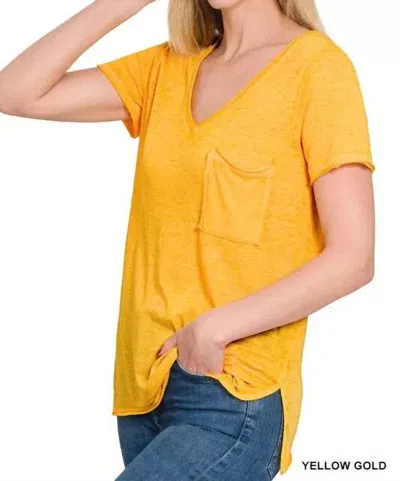 Zenana Melange Burnout V-neck T-shirt In Yellow Gold