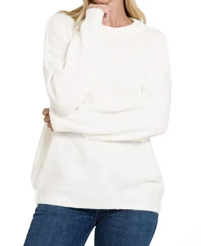 Zenana Melange Front Seam Round-neck Sweater In Ivory In White