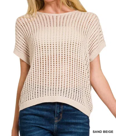 Zenana Mesh Coverup Sweater In Sand Beige In Brown